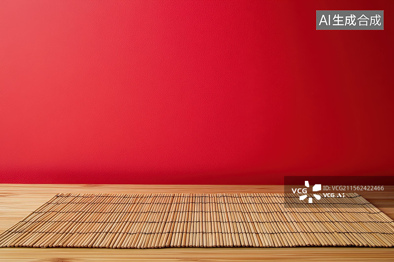【AI数字艺术】红色背景下木制桌面上平铺着竹席，产品展示概念背景图片素材