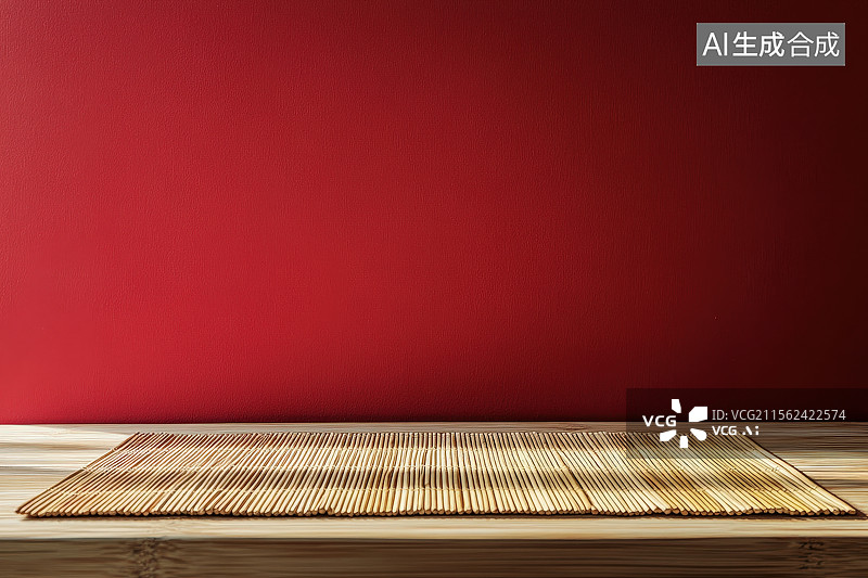 【AI数字艺术】红色背景下木制桌面上平铺着竹席，产品展示概念背景图片素材