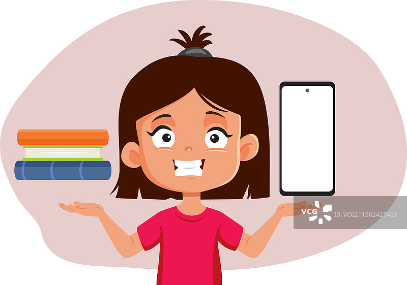 快乐的学生女孩在书籍之间做决定图片素材