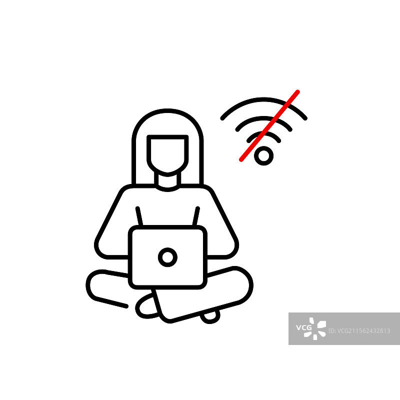 女性在笔记本电脑上工作，且没有Wi-Fi信号标志图片素材