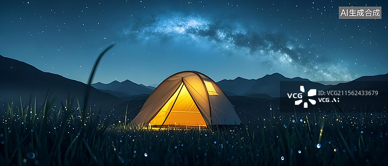 【AI数字艺术】星空下的雪山草原露营帐篷主题自然风光图片素材