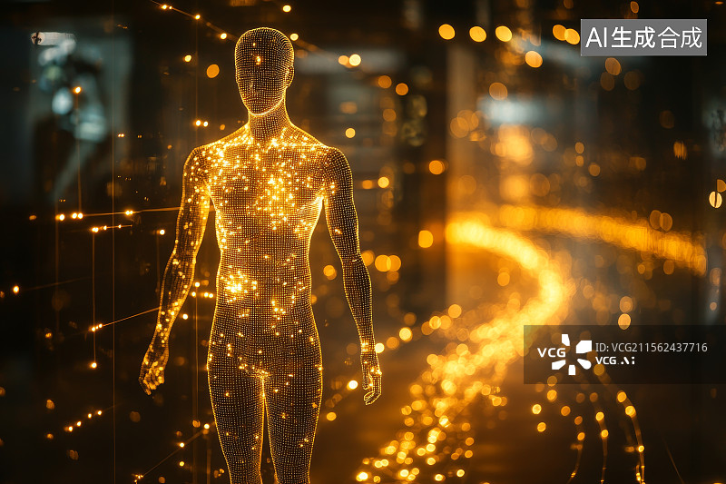 【AI数字艺术】发光的数字人体行走在数据流中图片素材