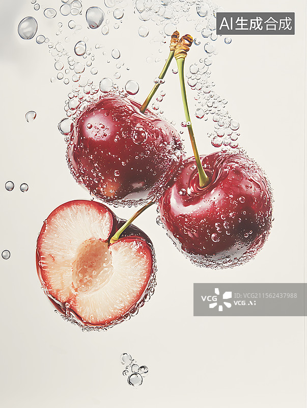 【AI数字艺术】AIGC：水中的樱桃，水果图片素材