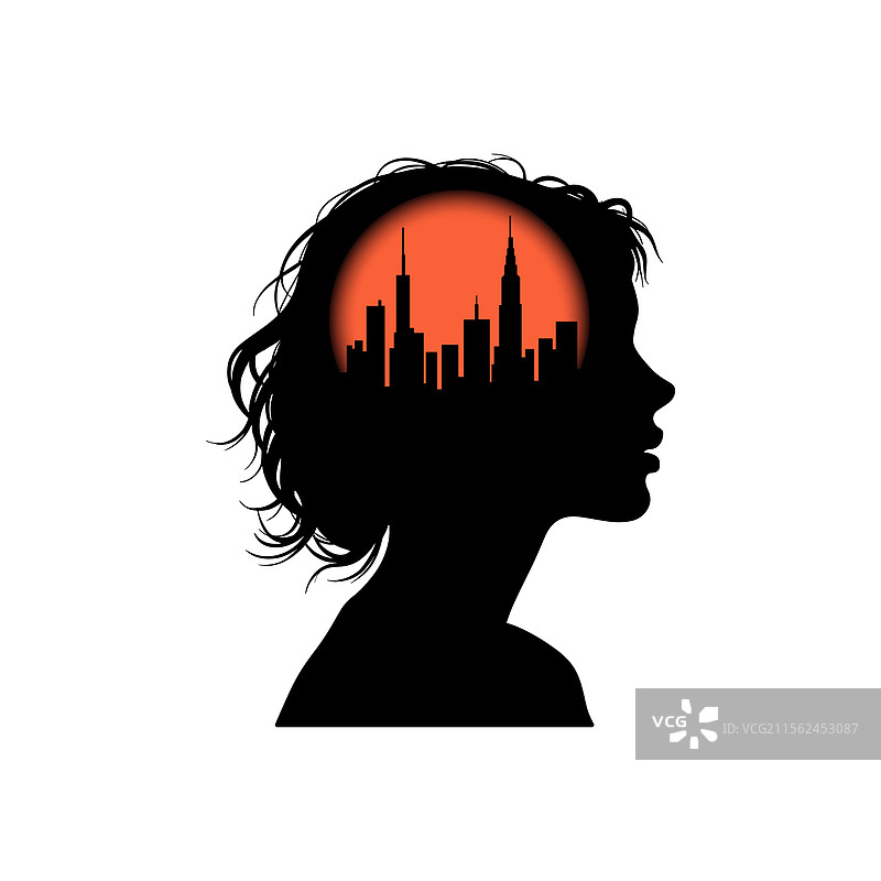 女性剪影与城市天际线的双重曝光图片素材