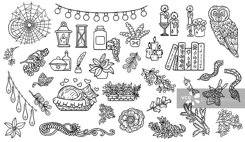 巫术风格设计套件，包含舒适的神秘波西米亚物品图片素材