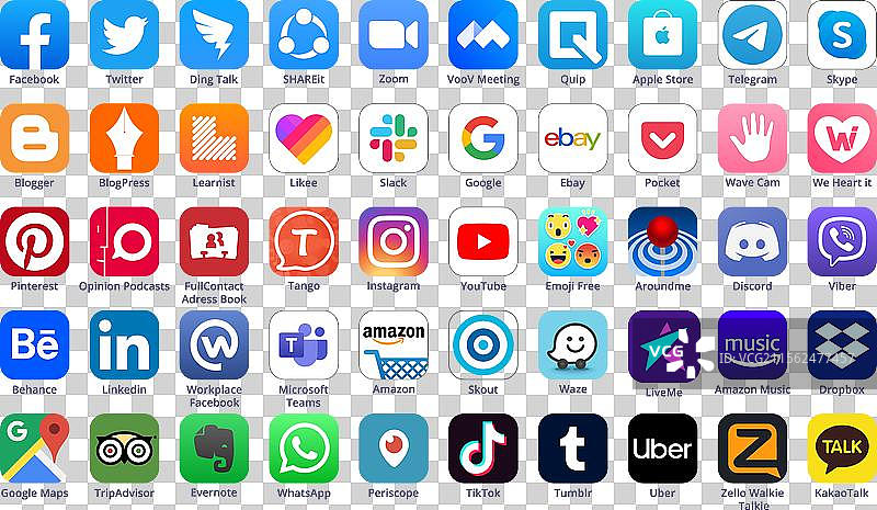 一组50个流行的iOS和社交媒体应用图标图片素材