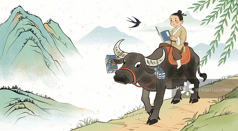 历史典故牛角挂书古代李密骑着牛读书上山求学插画图片素材