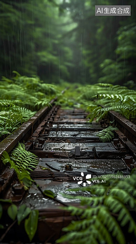 【AI数字艺术】雨中废弃的铁轨图片素材