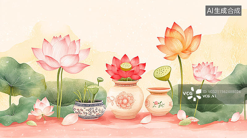 【AI数字艺术】荷花包装插画图片素材