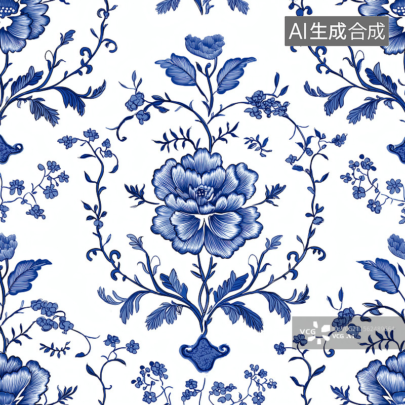 【AI数字艺术】青花瓷花卉纹样图片素材