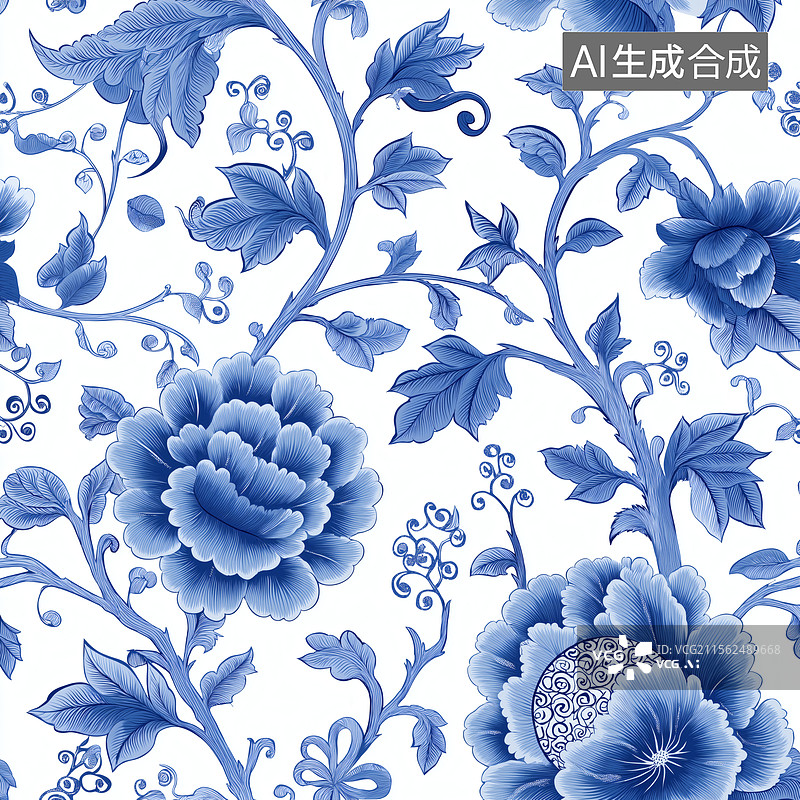 【AI数字艺术】青花瓷花卉纹样图片素材
