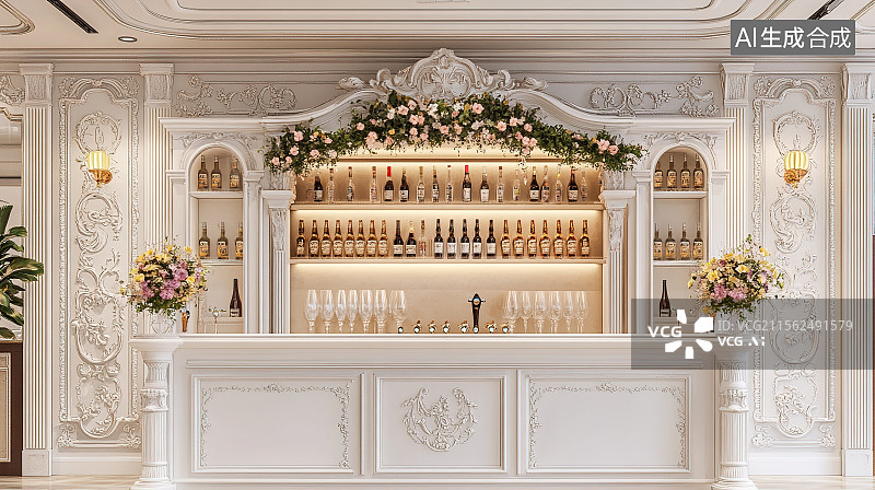 【AI数字艺术】欧式复古室内酒吧酒柜各式红酒啤酒展台装饰设计3D渲染图片素材