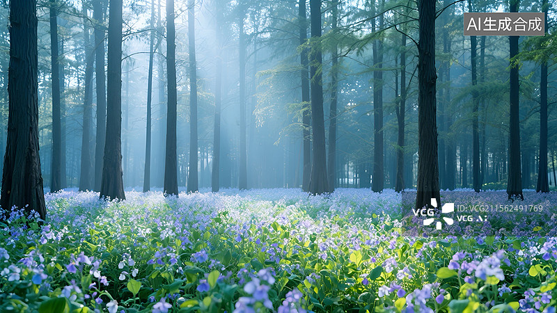 【AI数字艺术】水杉林里的二月兰图片素材