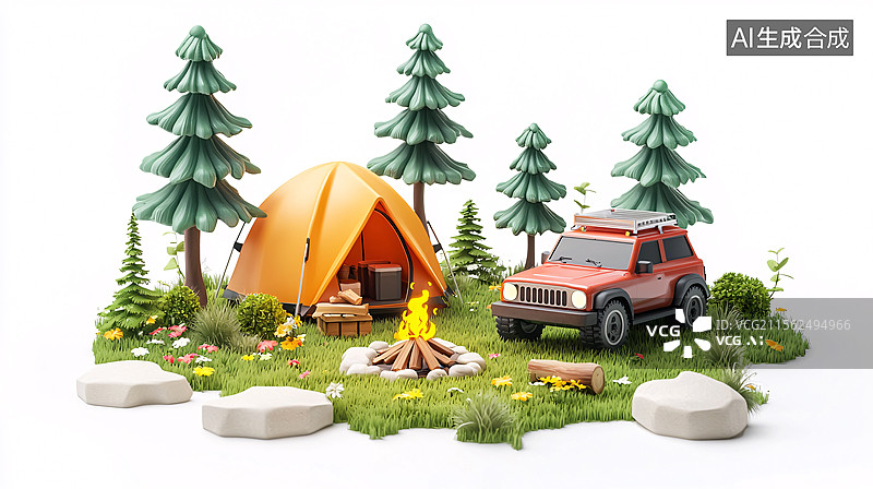 【AI数字艺术】3d卡通汽车户外露营图片素材