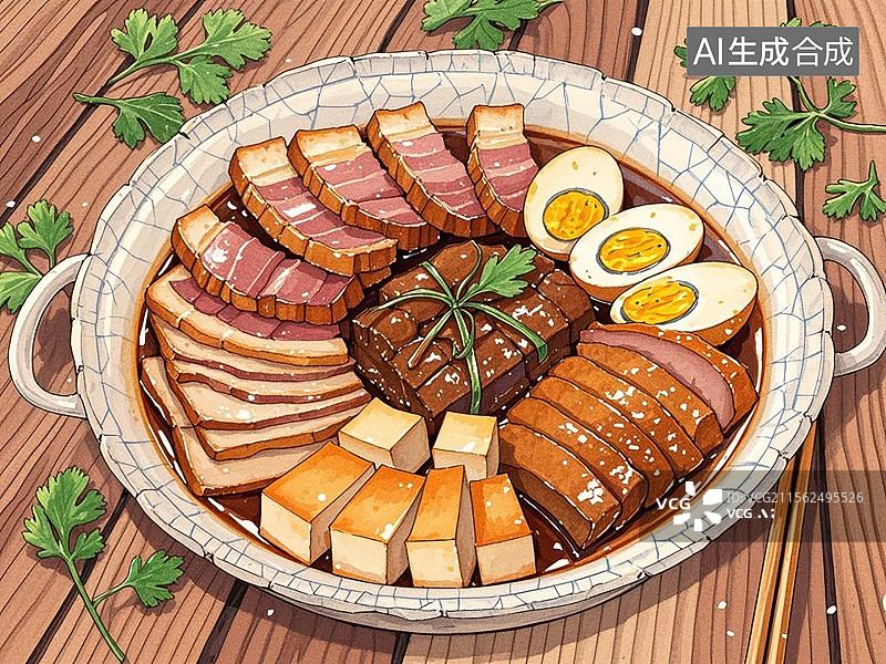 【AI数字艺术】潮州卤水拼盘-传统美食小吃手绘插画图片素材