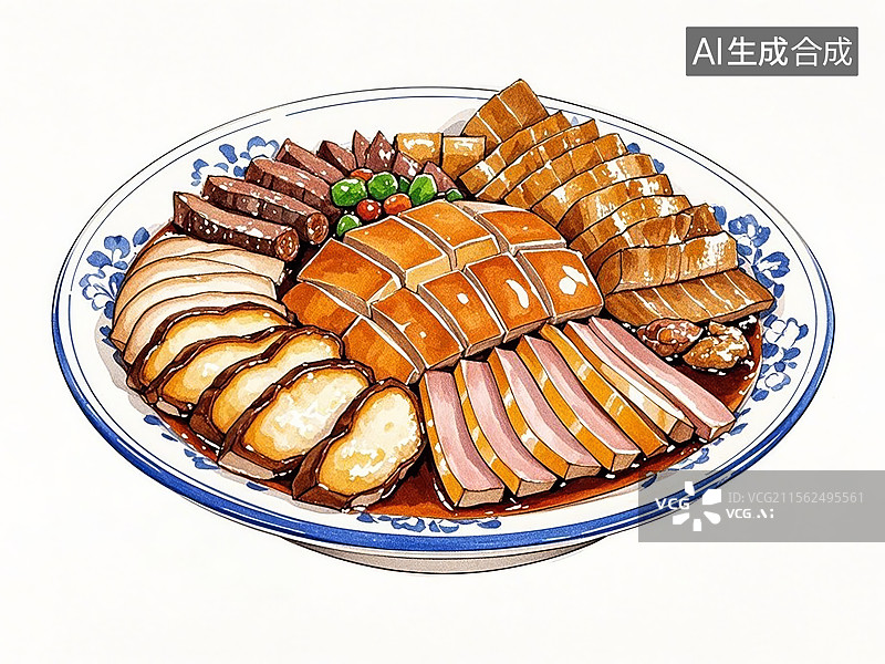 【AI数字艺术】潮州卤水拼盘-传统美食小吃手绘插画图片素材