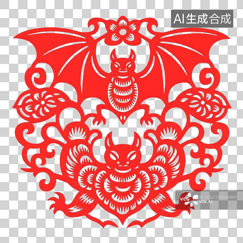 【AI数字艺术】蝙蝠红色剪纸图案设计图片素材
