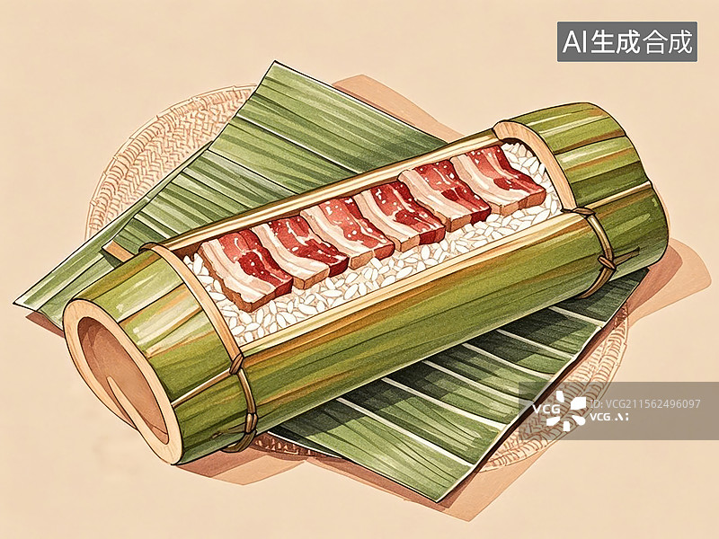 【AI数字艺术】瑶族竹筒饭-传统美食小吃手绘插画图片素材