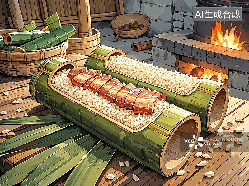 【AI数字艺术】瑶族竹筒饭-传统美食小吃手绘插画图片素材