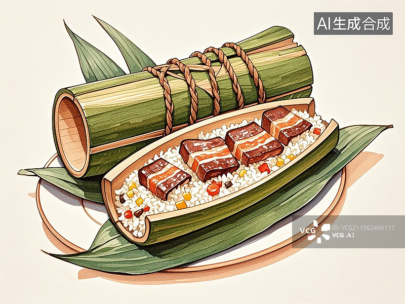 【AI数字艺术】瑶族竹筒饭-传统美食小吃手绘插画图片素材