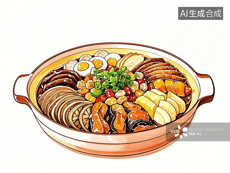 【AI数字艺术】盆菜-传统美食小吃手绘插画图片素材