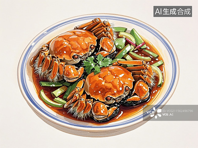 【AI数字艺术】绍兴醉蟹，大闸蟹-传统美食小吃手绘插画图片素材