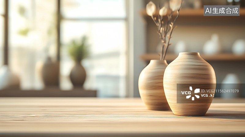 【AI数字艺术】厨房里摆着花瓶的木桌图片素材