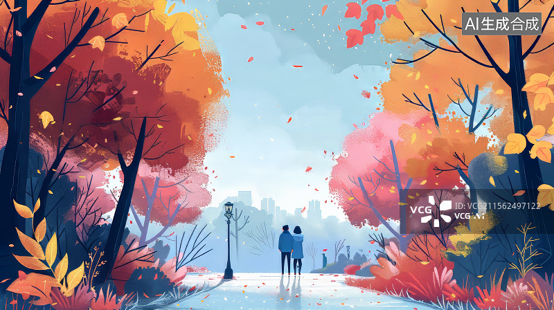 【AI数字艺术】秋天树林里散步情侣插画风格浪漫画面图片素材
