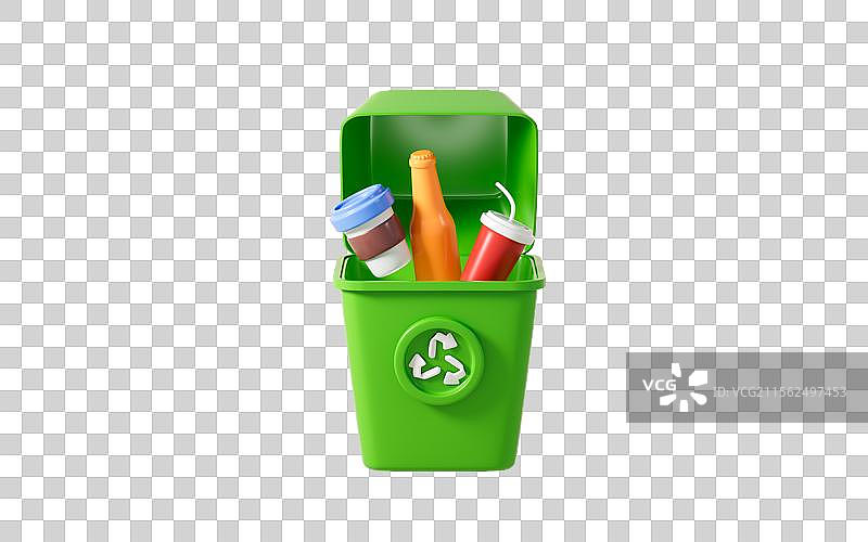 可回收垃圾桶和饮料瓶3D渲染图片素材