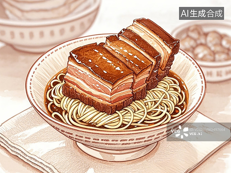 【AI数字艺术】苏州枫镇大肉面-传统美食小吃手绘插画图片素材
