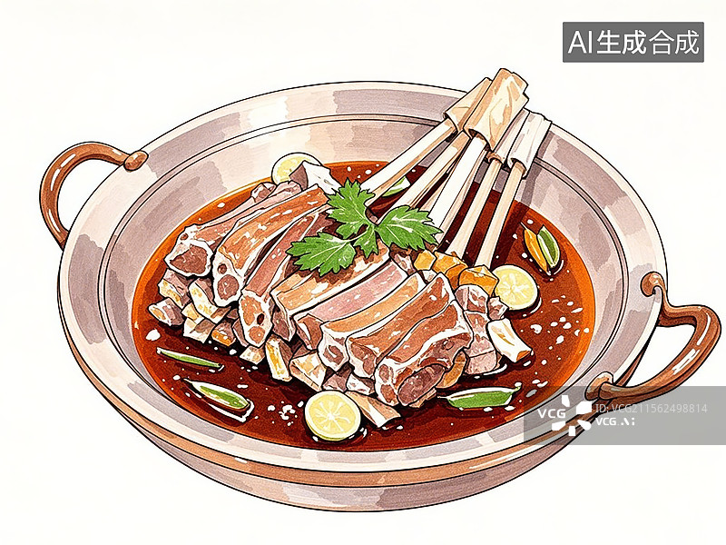 【AI数字艺术】蒙古族手把肉-传统美食小吃手绘插画图片素材