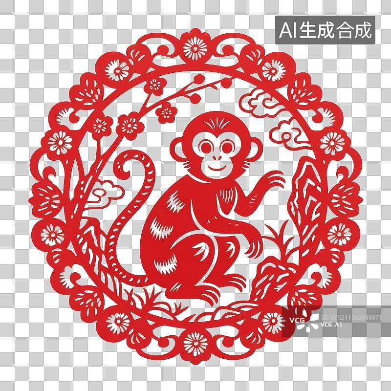 【AI数字艺术】金丝猴猴子红色剪纸图案设计图片素材