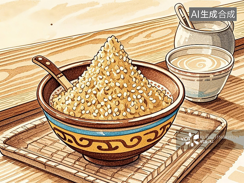 【AI数字艺术】藏族糌粑-传统美食小吃手绘插画图片素材