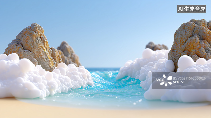 【AI数字艺术】3D卡通泡沫海浪冲击金色岩岸图片素材