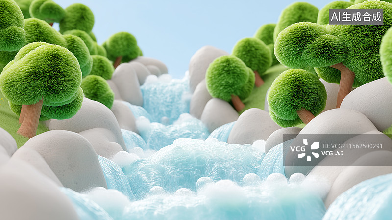 【AI数字艺术】3D卡通泡泡树与梦幻小瀑布图片素材