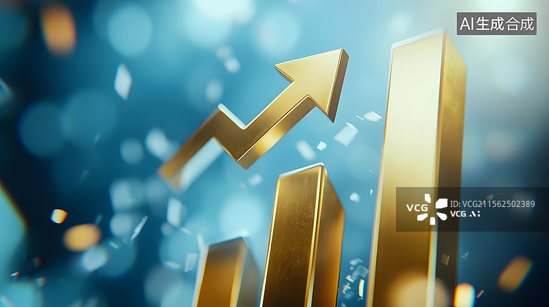 【AI数字艺术】金色箭头与柱状图组成的金融上升趋势背景图片素材