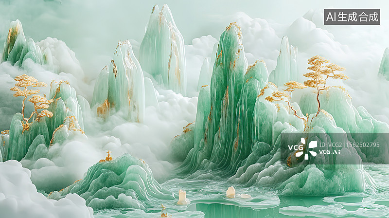 【AI数字艺术】国风金镶玉雕鎏金山水插图图片素材