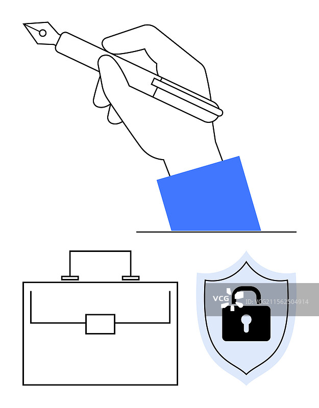 手写笔记、手提公文包和锁定的盾牌图片素材