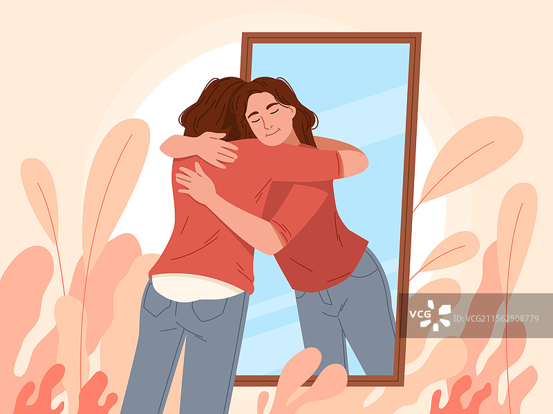 自爱女性拥抱自己的倒影图片素材