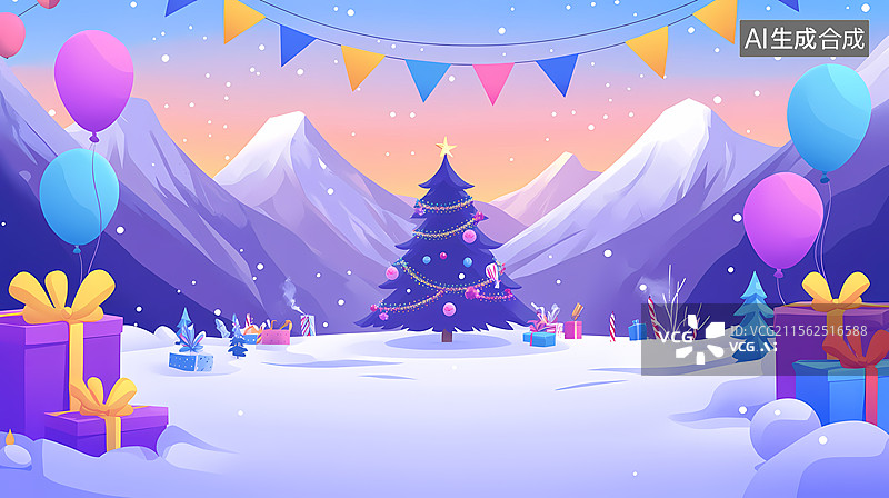 【AI数字艺术】雪山圣诞节快乐场景图片素材