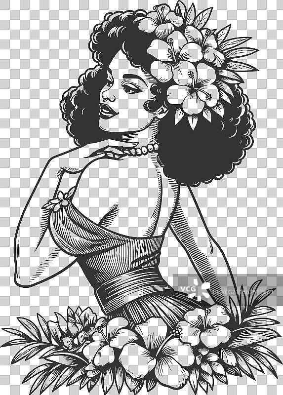 夏威夷风格的性感女孩雕刻素描图片素材