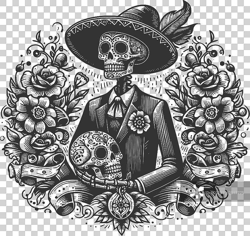 亡灵节穿西装的骷髅艺术素描图片素材