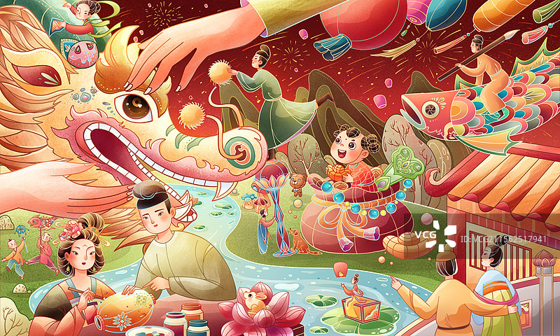 手绘线性国风之非遗制作花灯等大场景插画图片素材