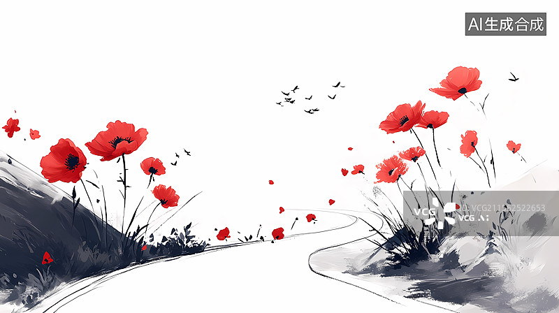 【AI数字艺术】蜿蜒之路上的罂粟花田图片素材