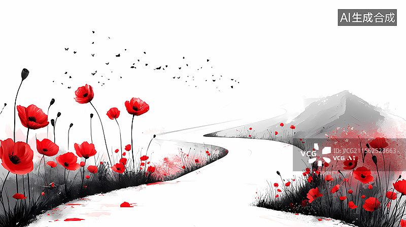 【AI数字艺术】蜿蜒之路上的罂粟花田图片素材