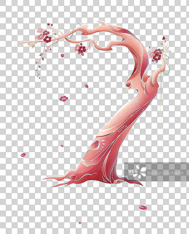 手绘线性国风树与剪纸花朵免抠元素图片素材