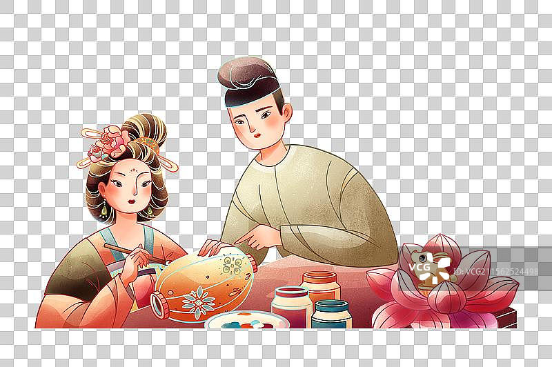 手绘线性国风之唐朝女子与男子描绘花灯免抠元素图片素材