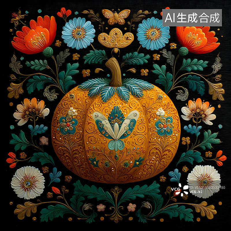 【AI数字艺术】南瓜 古典 花朵 纹样 复古图片素材