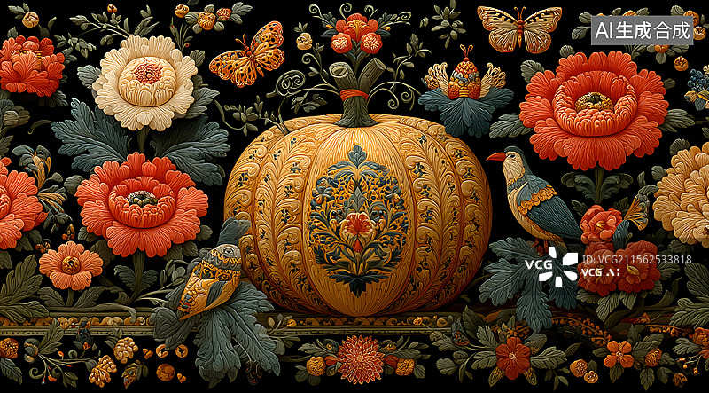 【AI数字艺术】南瓜 古典 花朵 纹样 复古图片素材