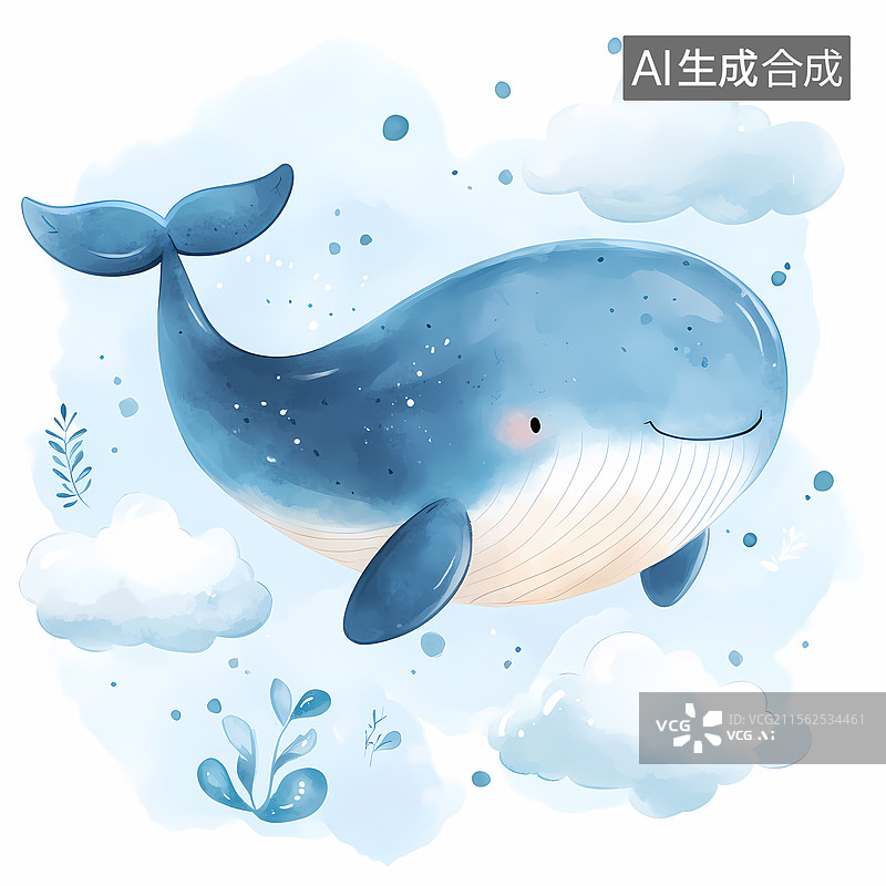 【AI数字艺术】水彩鲸鱼和云朵图片素材